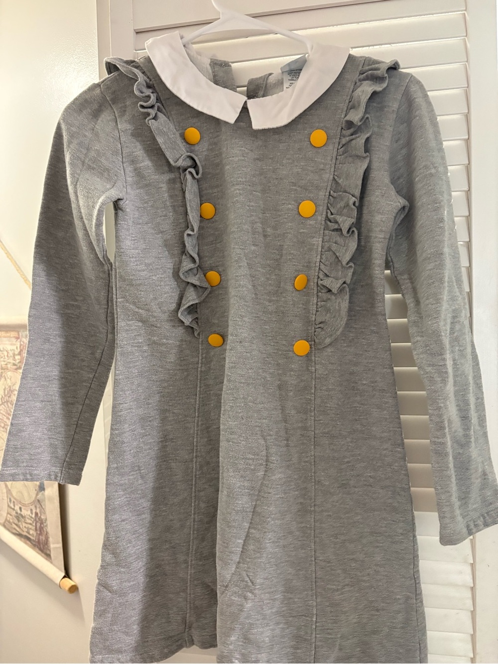 bella bliss Gray Dress with White Collar and Yellow Accent Button kids size 12
